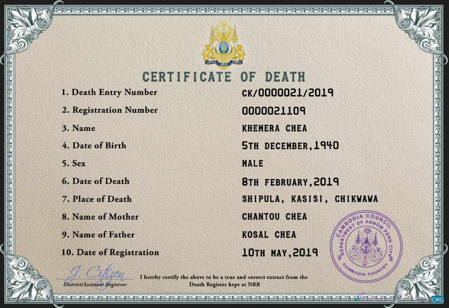 Download Cambodia vital record death certificate PSD template Photoshop template